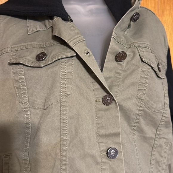 Victoria’s Secret Olive Green & Black Stretch Hooded Jean Jacket sz L - Picture 2 of 10